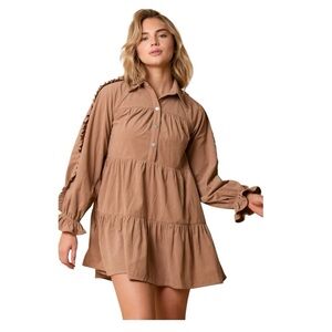 Fantastic Fawn Mocha Corduroy Oversized Ruffle Sleeve Tiered Mini Dress. Medium